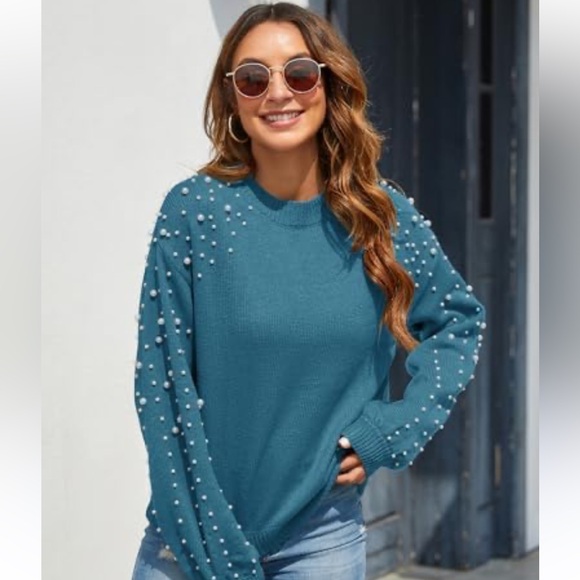 Blooming Jelly Sweaters - Women's Teal Pearl-Embellished Sweater